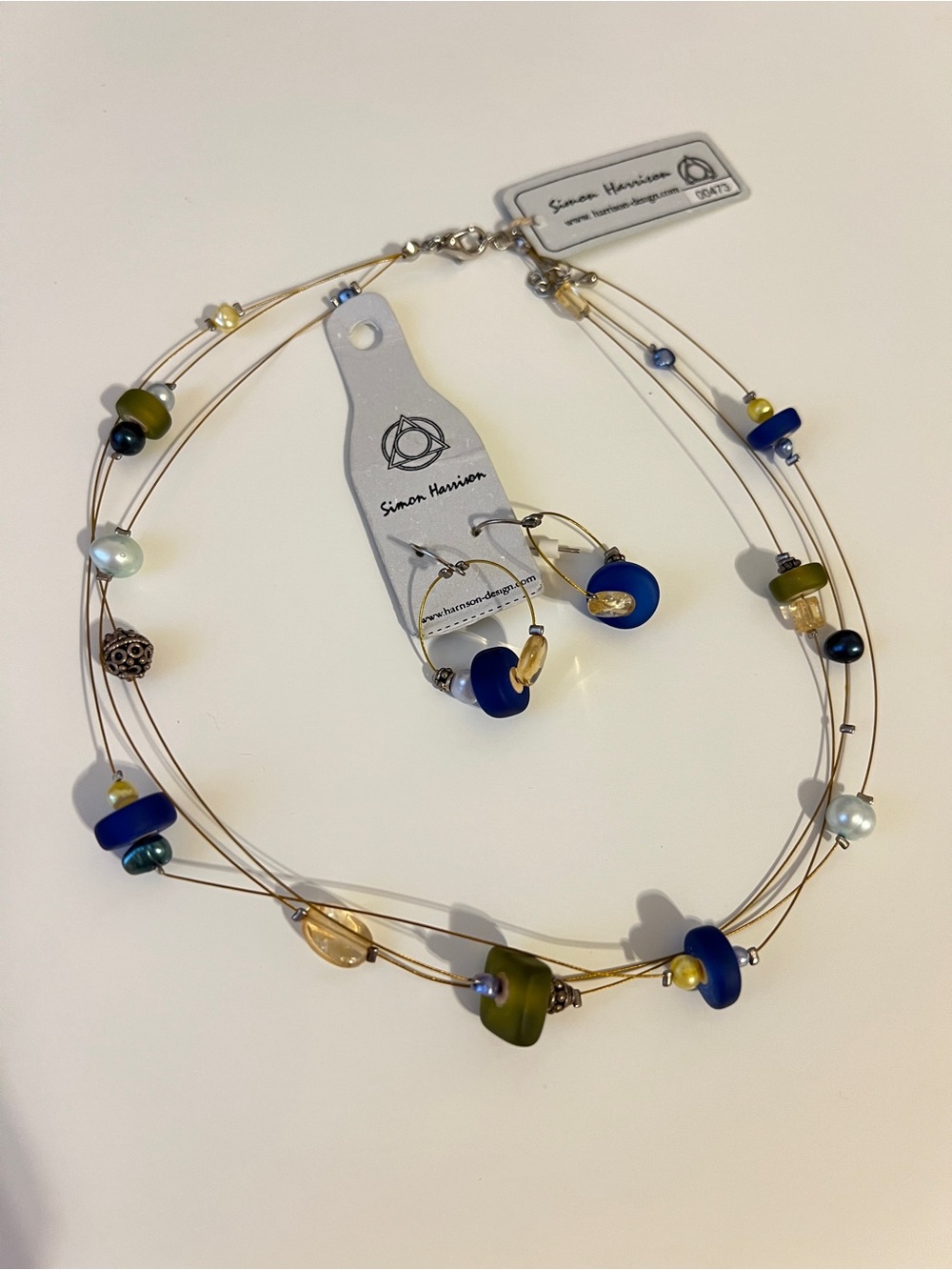 Multi-Strand Glass Bead Necklace & Earring Set in Blue and Green